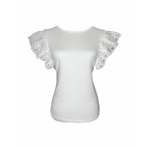 Patrizia Luca Womens Ruffle Sleeve White T-shirt Size S Tee Round Neck Eyelet